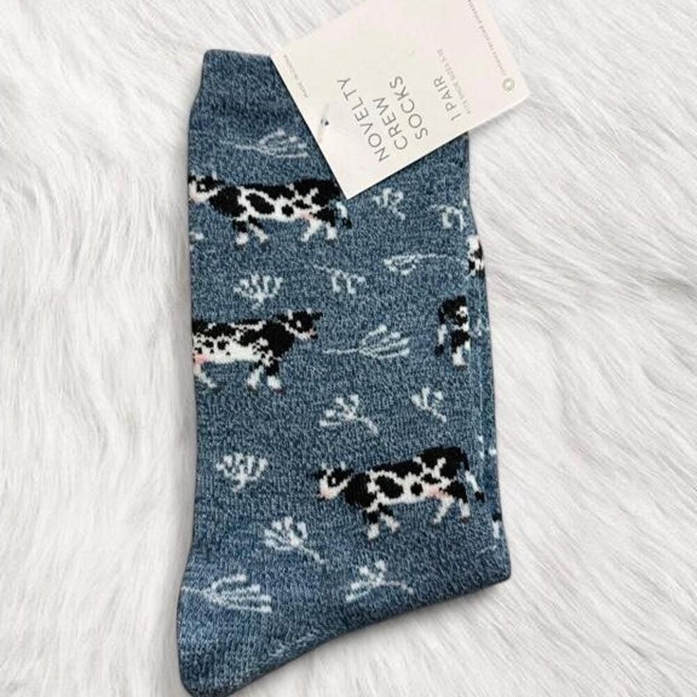 COW cottage core funny Blue and white cow print cotton socks- one size